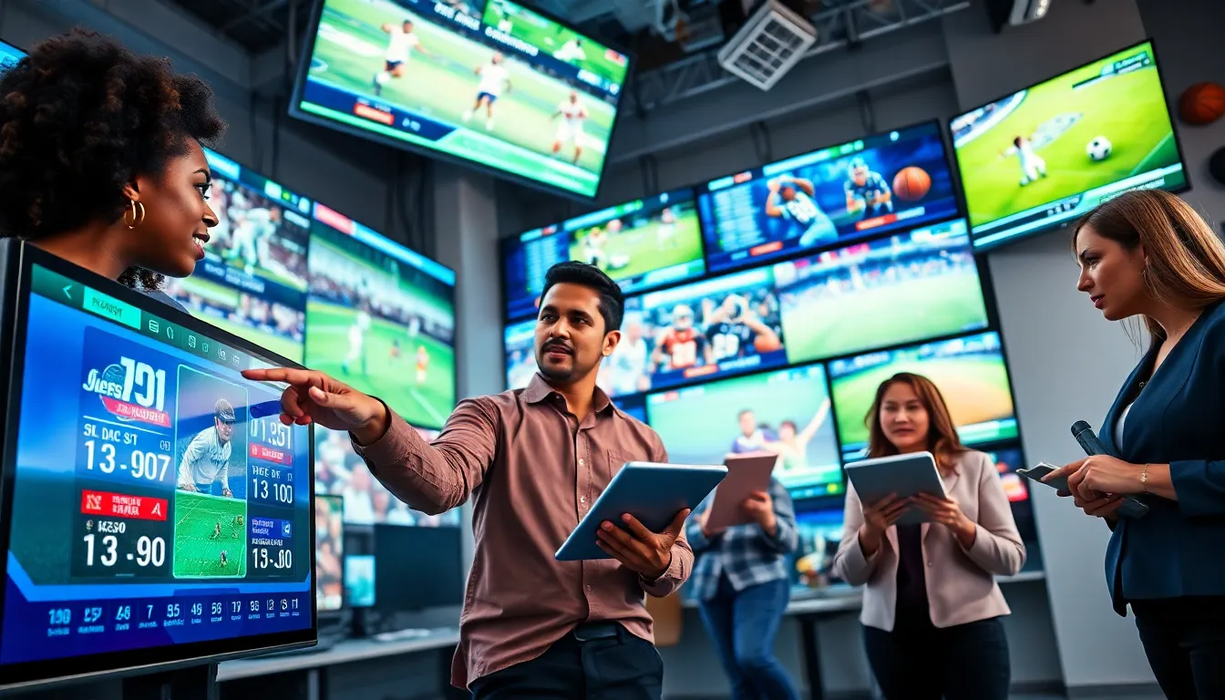 sports analysts discussing live updates in a vibrant newsroom.