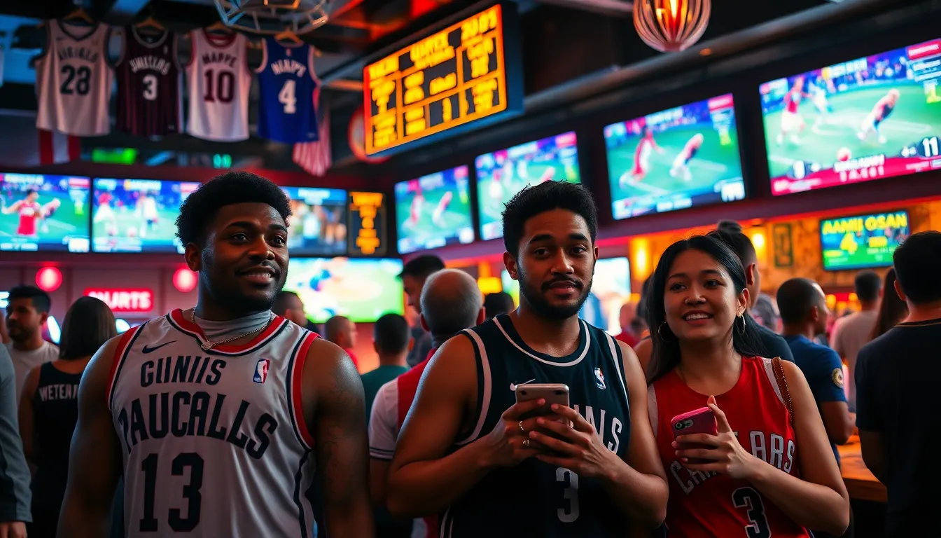 fans enjoying live basketball and soccer matches in a lively sports bar.
