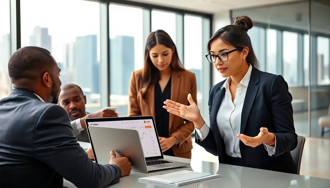 professionals collaborating in a modern office about cryptocurrency trading.