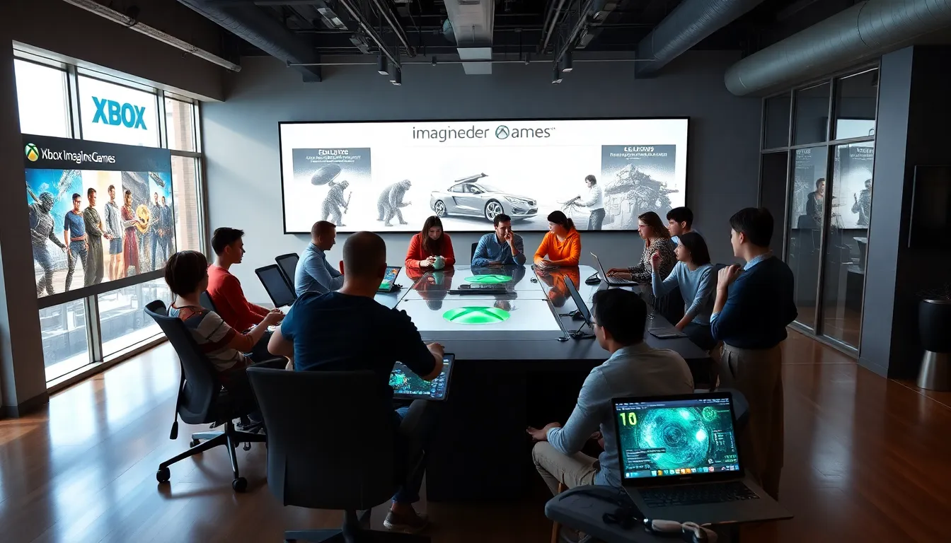 diverse game developers collaborating in a modern office.
