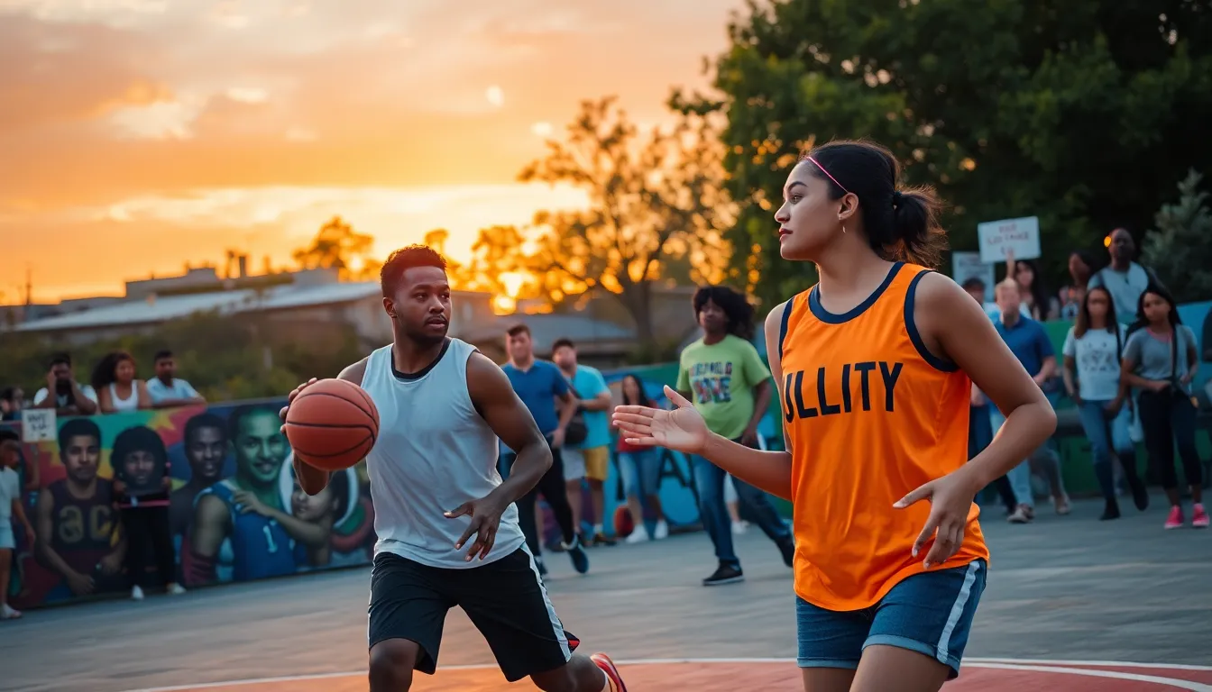 A diverse group of young athletes playing basketball in a park, symbolizing sports and social change.