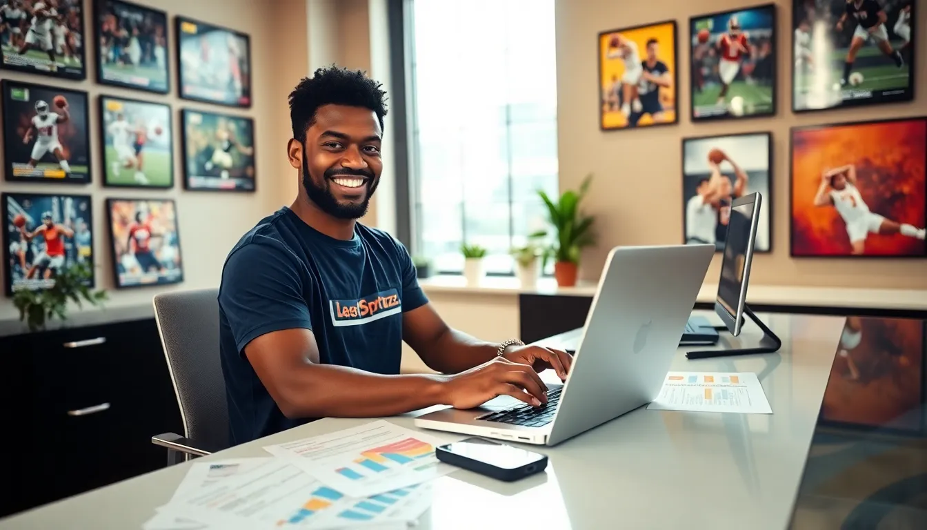 a sports journalist working at a desk with sports articles and a laptop.