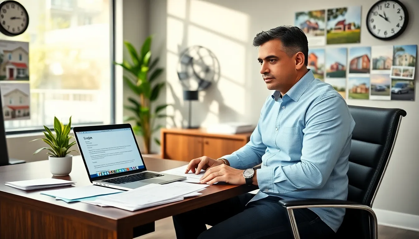 A realty manager working at his desk on a property management email.