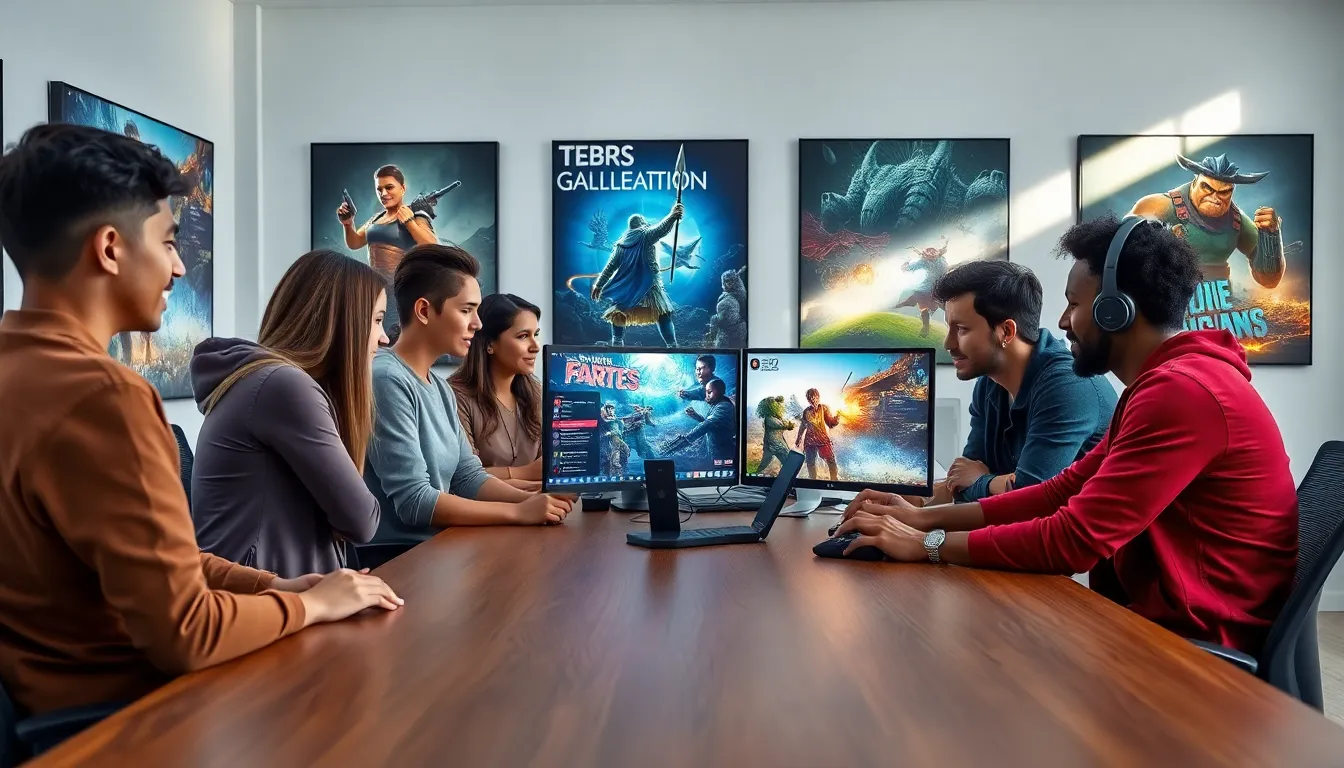 diverse gamers collaborating at a modern workspace.