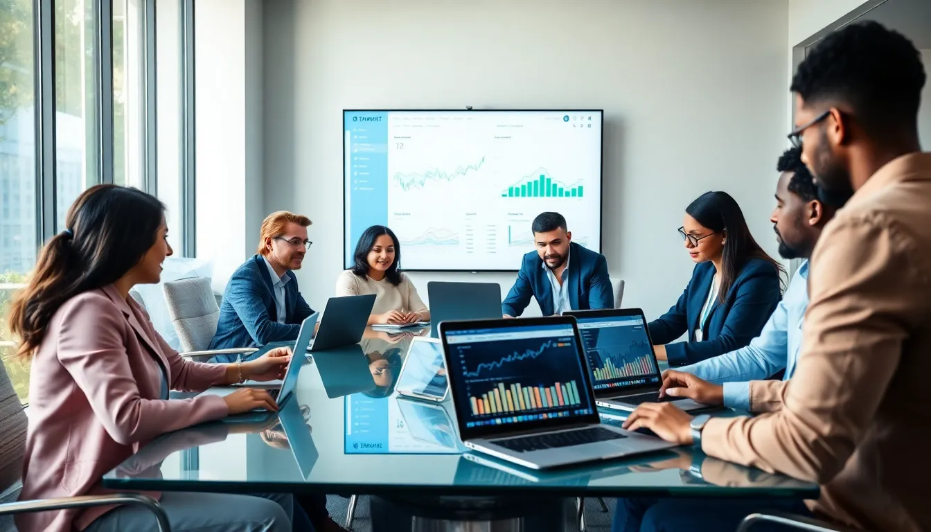 professionals collaborating on software solutions in a modern office.