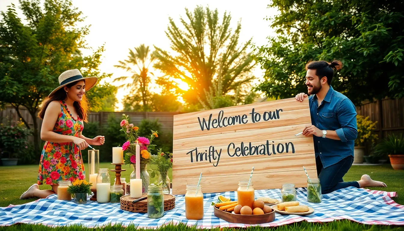 A diverse group celebrating in a decorated backyard with homemade touches.