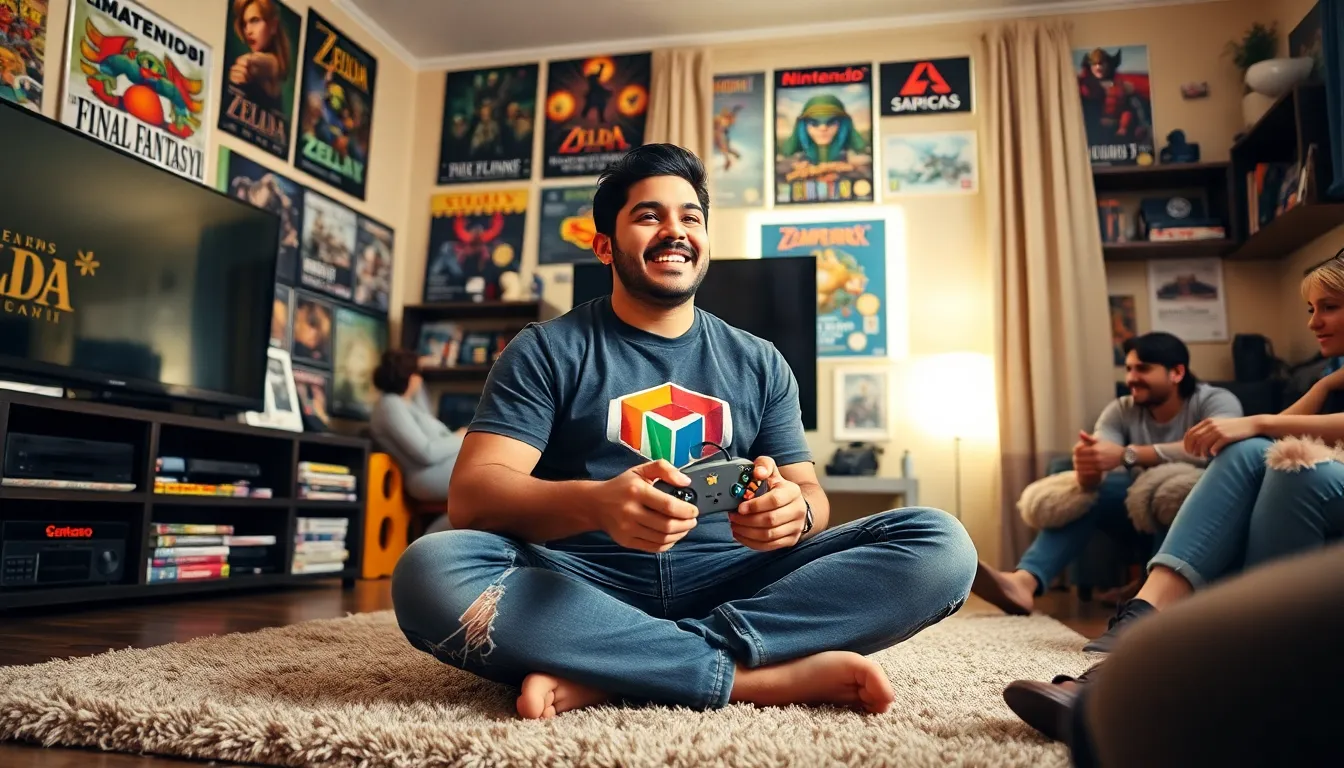 Larry Nando playing a Nintendo 64 with friends in a nostalgic gaming setting.