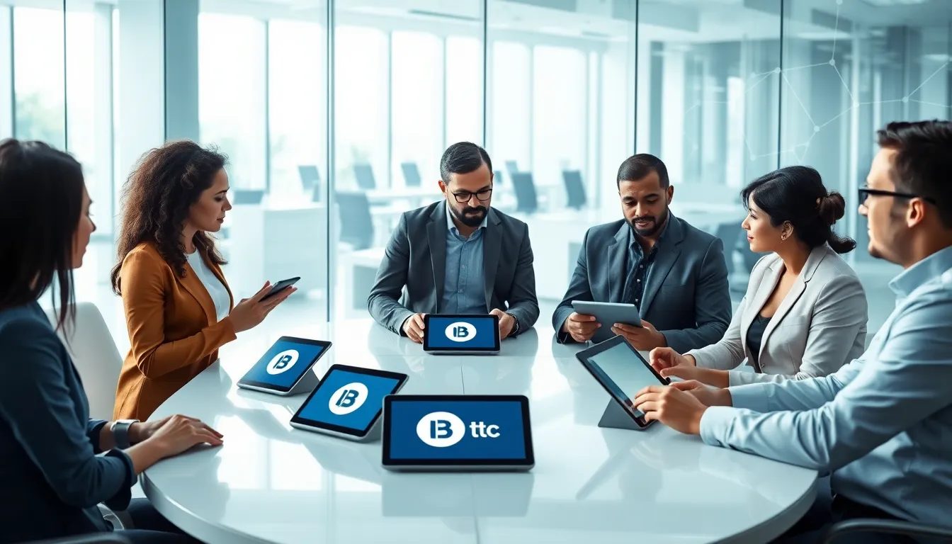 diverse professionals discussing Bitclassic Coin in a modern office.