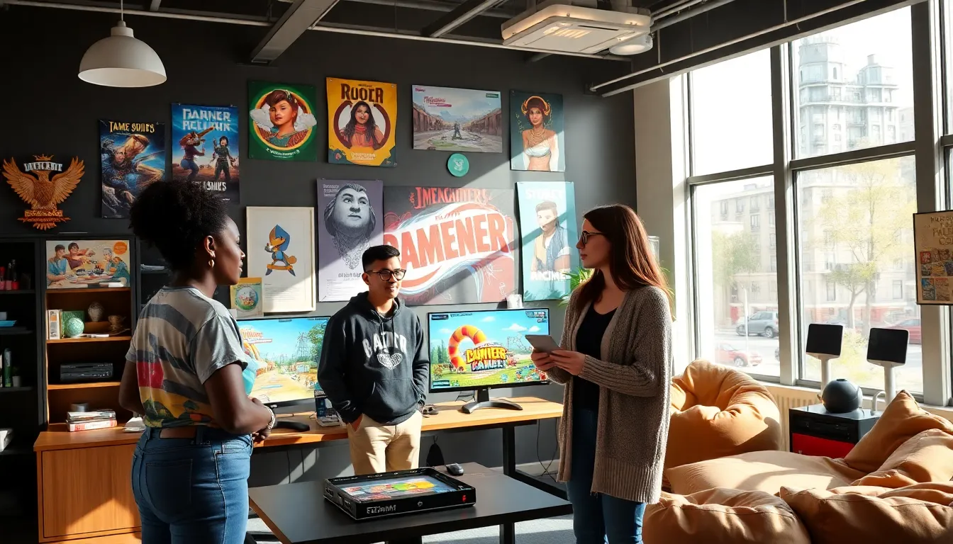 three game developers collaborating in a modern gaming office.