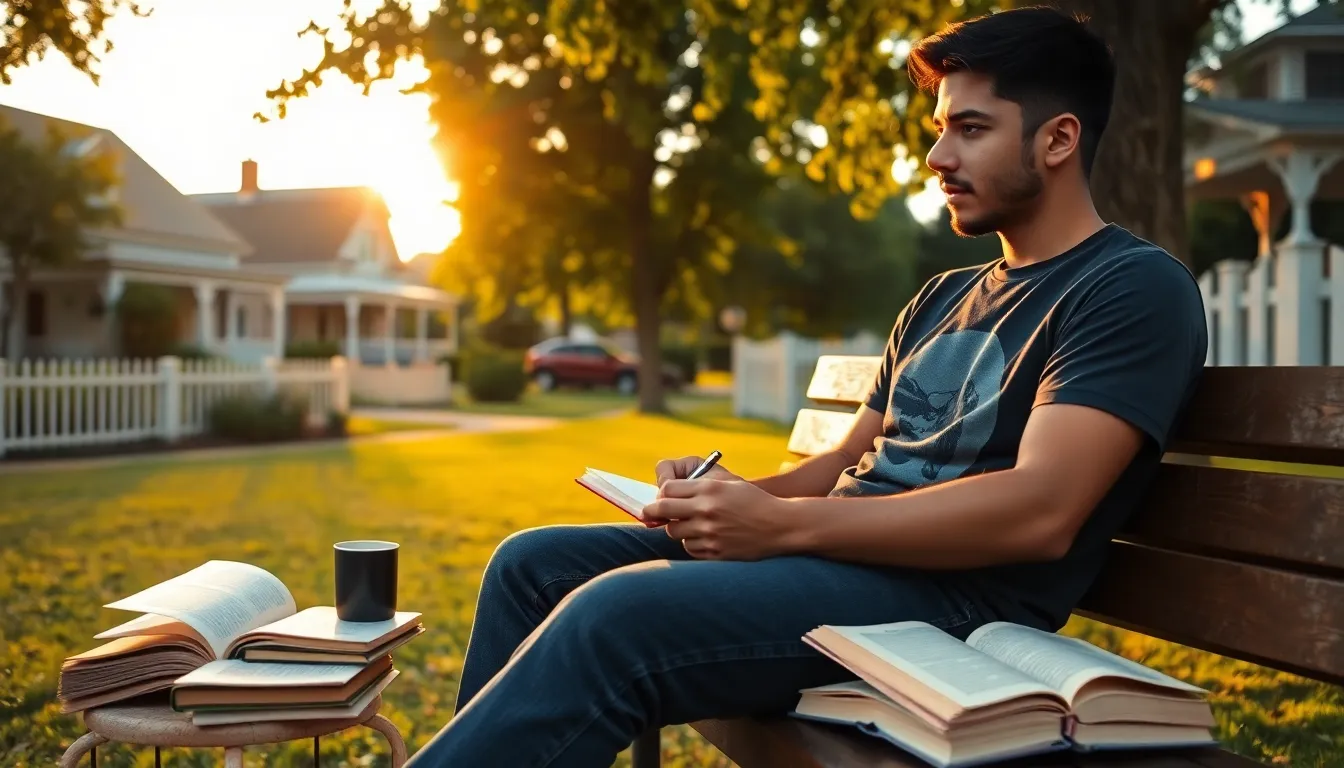 a young author writing in a park surrounded by books and nature.
