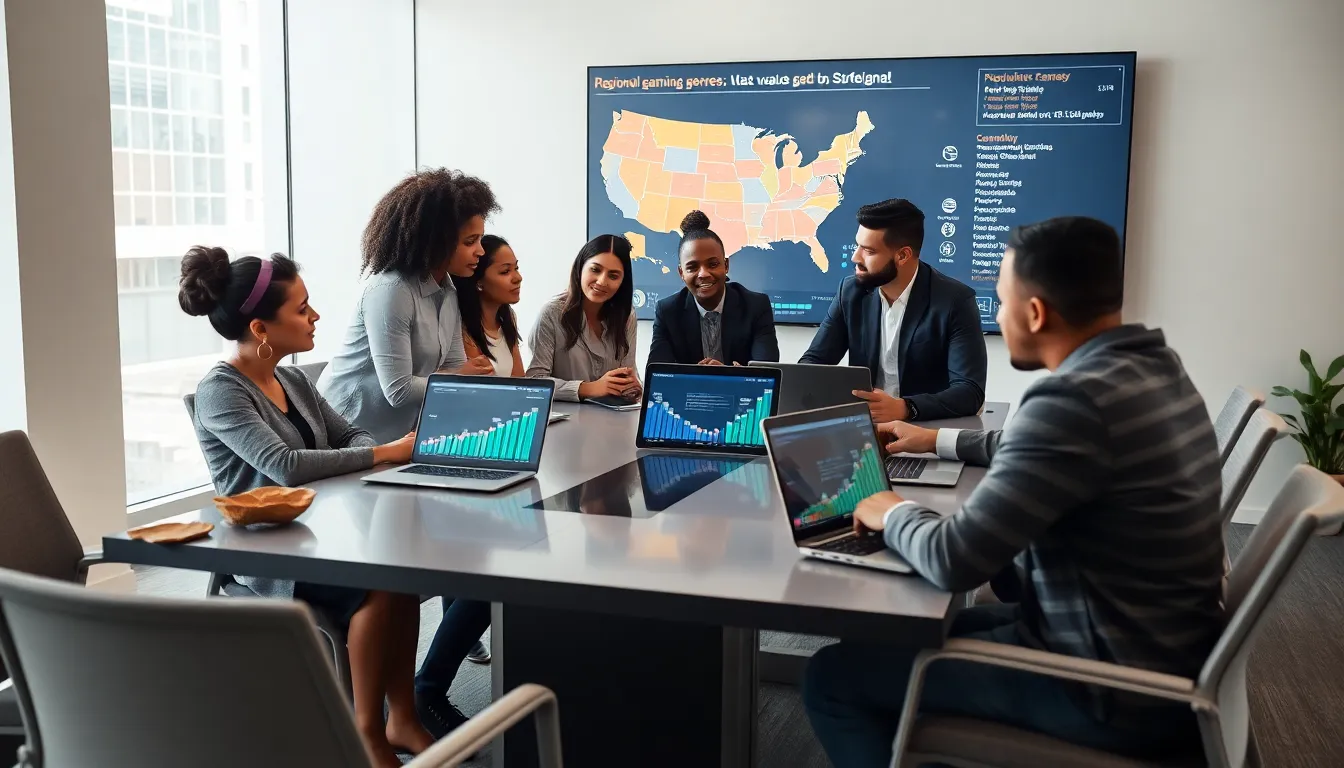 diverse gamers discussing regional preferences in a modern office.