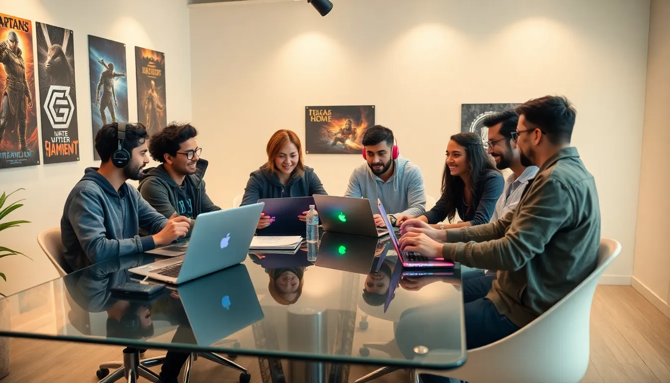 diverse group of gamers collaborating in a modern workspace.