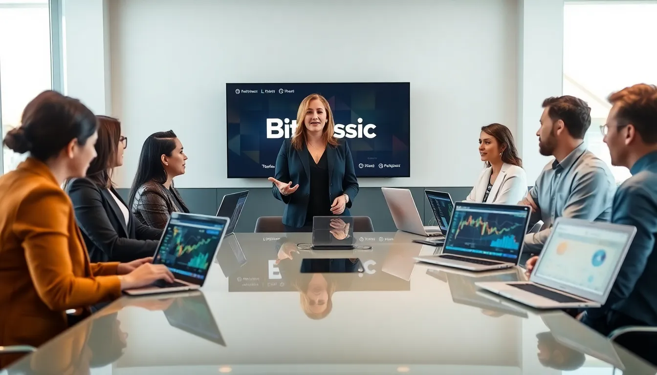 diverse team discussing Bitclassic cryptocurrency in a modern office.