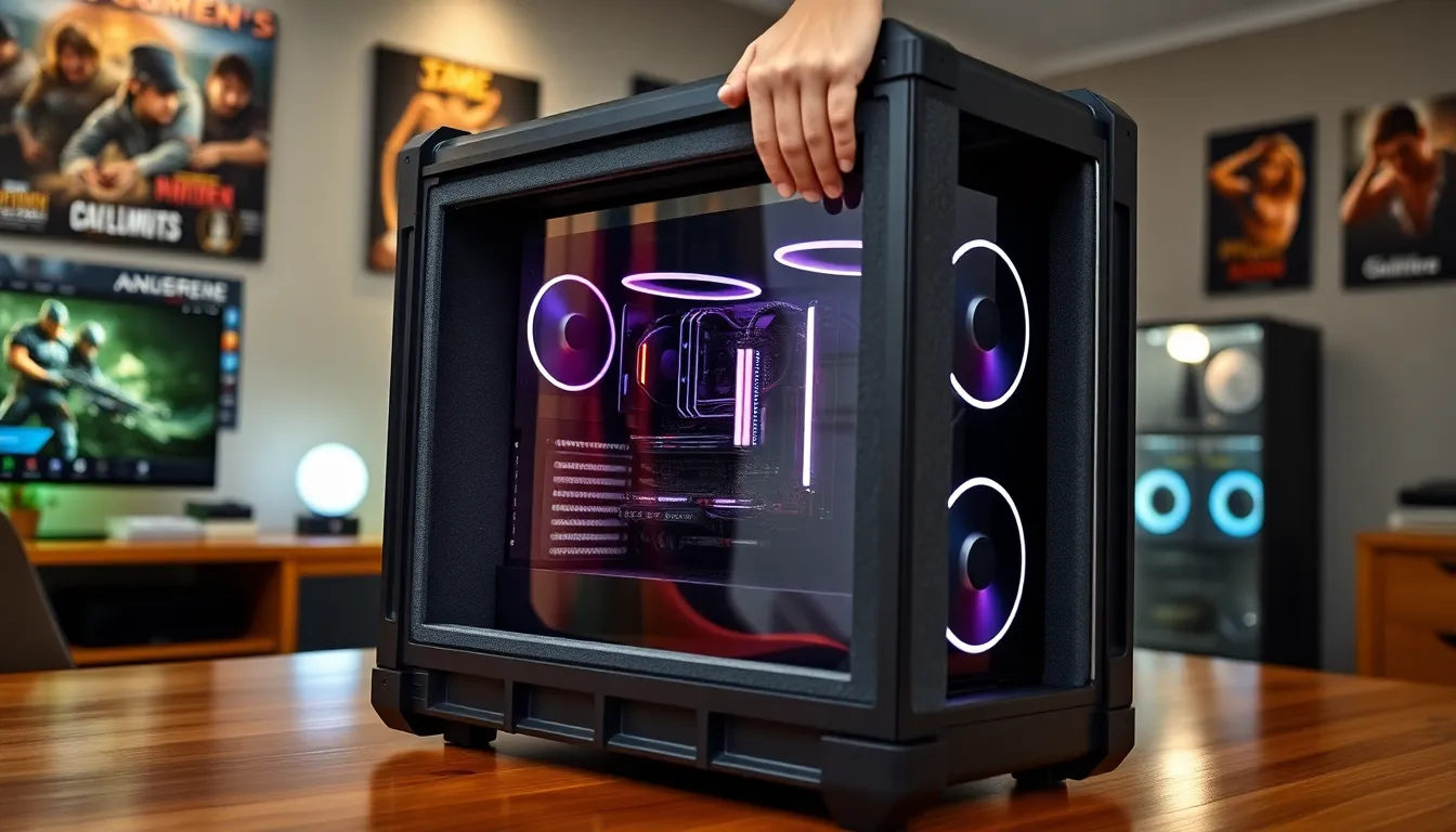 a gaming PC secured in a protective case on a desk.