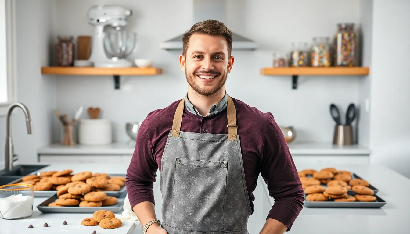 Jackson in a modern kitchen, surrounded by freshly baked cookies.