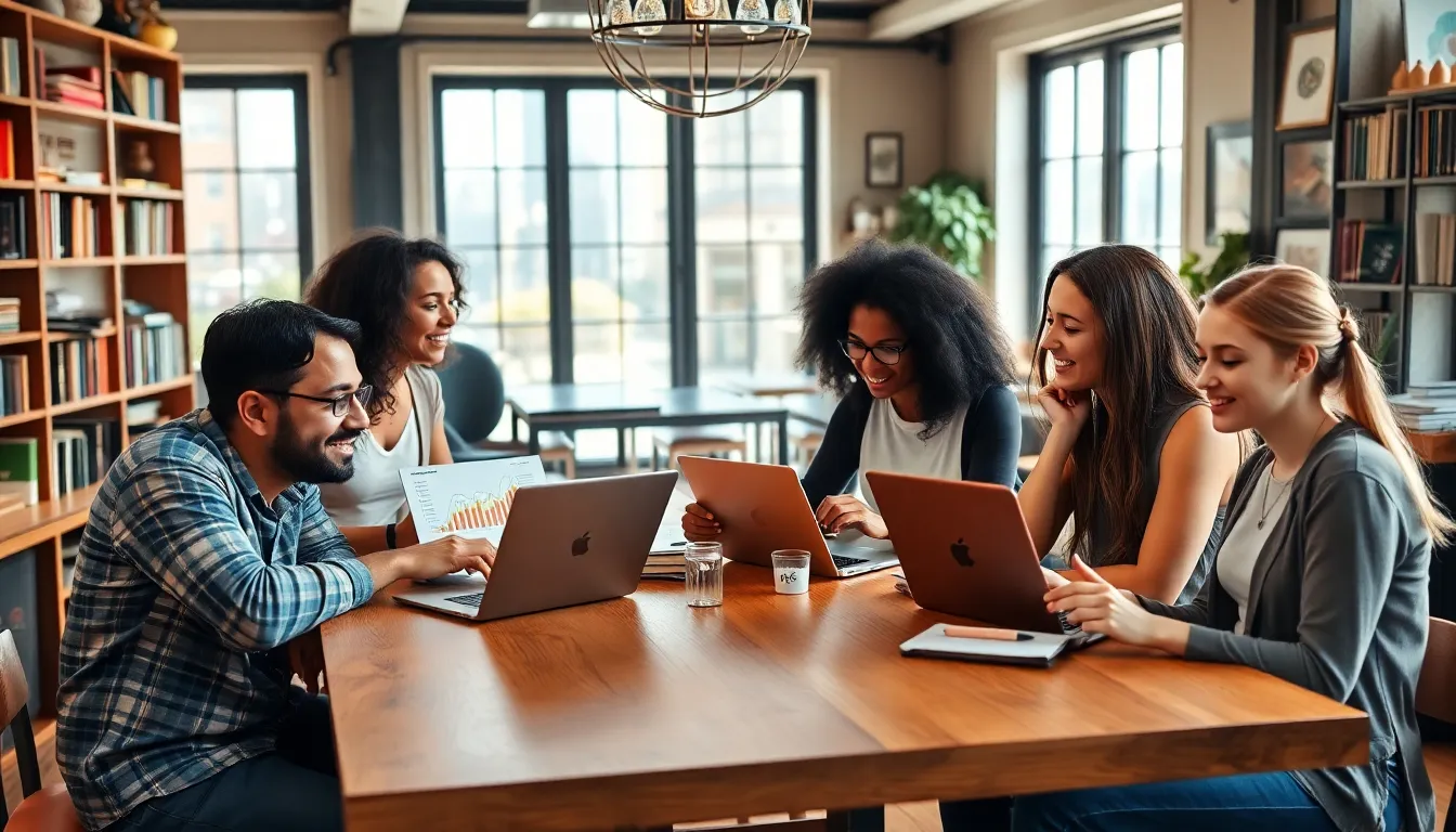 diverse group collaborating in a bright coffee shop, illustrating community engagement.