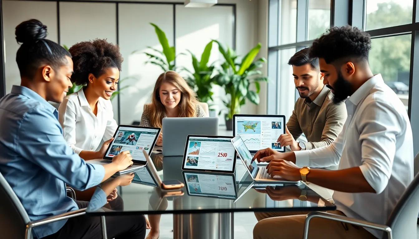 diverse team collaborating in a modern office on sports news.