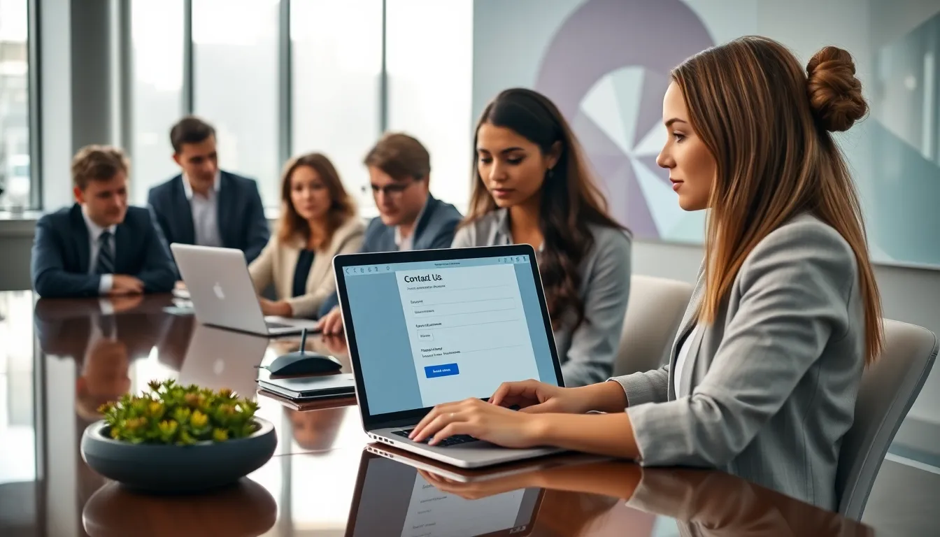 diverse team discussing a contact us form in a modern office.