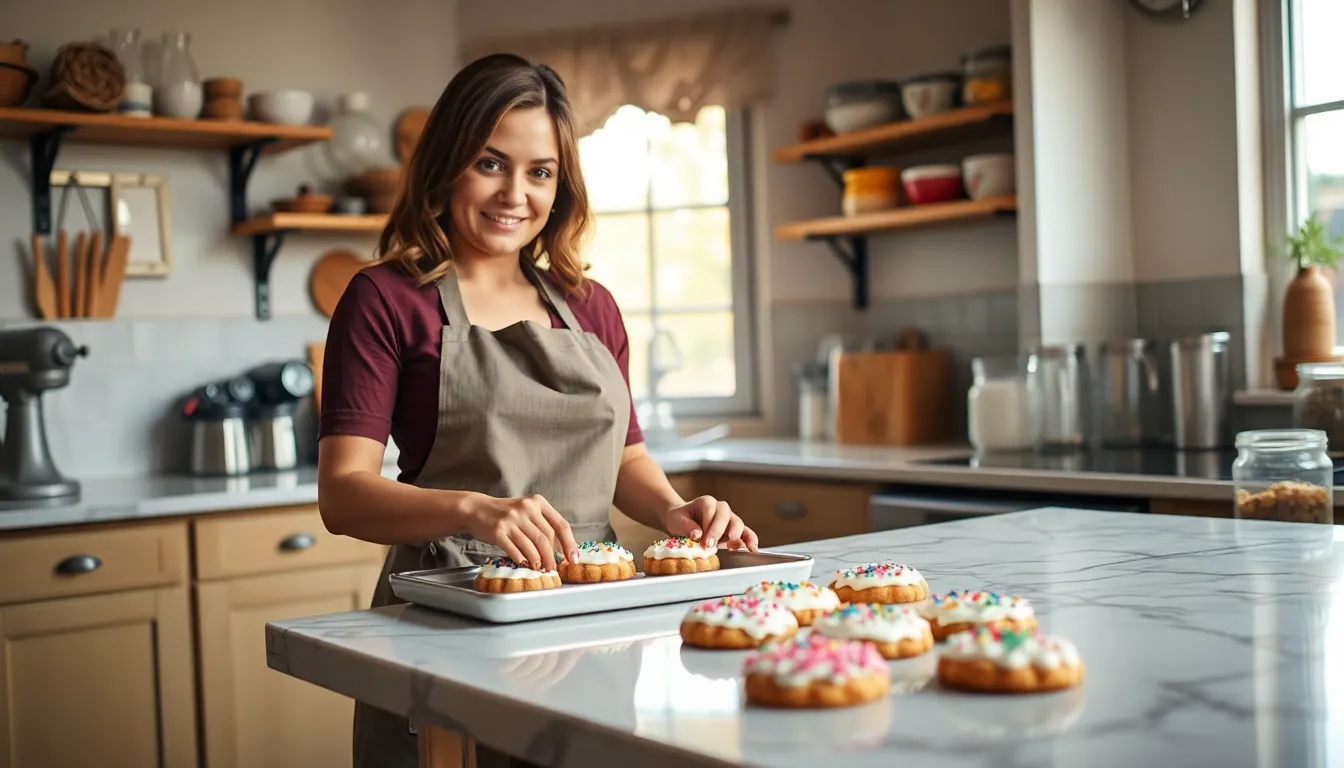 a baker decorating cookies in a cozy kitchen.